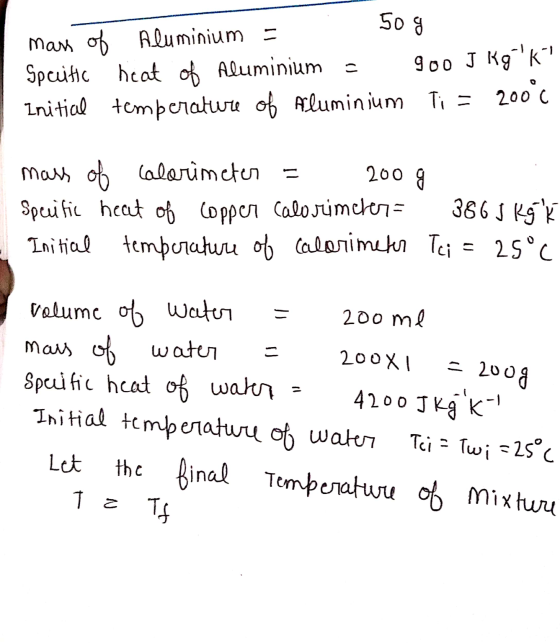 50 g = mass of Aluminium = Spuitto heat of Aluminium 900 J kgK Initial temperature of Aluminium Ti = 200°c 200 g mass of Cal