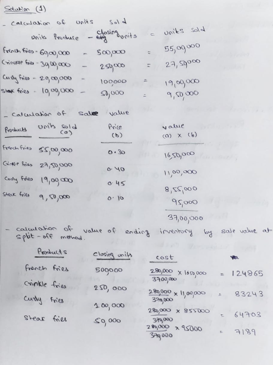 a units sold Solution (1) - calculation of units sold units Produce - closing units French fries - 6900,000 - 500,000 (raucae