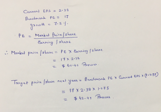 Cusient EPS = 2.38 Benahmark PE = Maaket Price/s hare Eaxning shaae Market pice share PEX Earning s hae PE ITX 2.38 $40.46 Ah