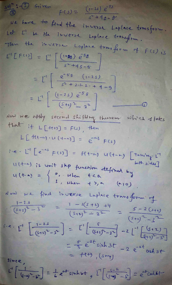 n sol (1-25) ess Let L Then -) e 5s e 5s s? + 2.5.2+ [ 114 1) :-1 Ginen F(S) = 5 + 45-5 we have to find the inverse Laplace t