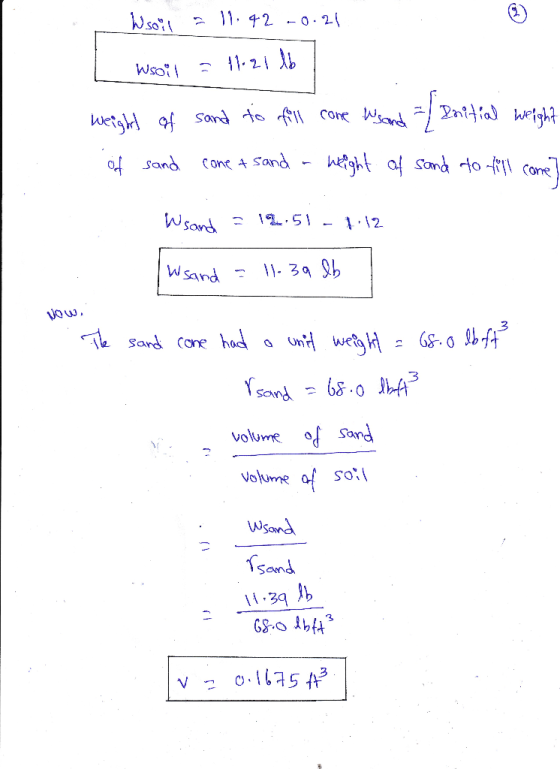 Wsonal 11.42 -0.21 L Wsoil = 11.21 16 weight of sand to fill come wsand - /Initial weight of sand cone + sand - weight of san