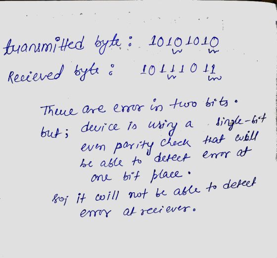 transmitted byte : 10101010 Recieved byte & LO 110 11 There are enor is two bits o but; device is using a single-fit even par