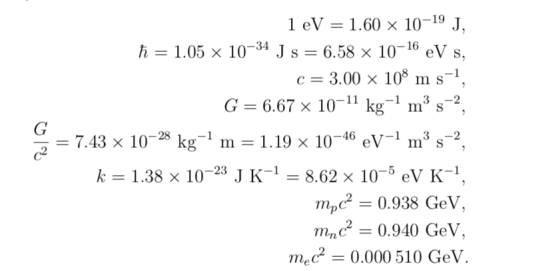 1 eV = 1.60 x 10-19 J, ħ = 1.05 x 10-34 J s = 6.58 x 10-16 eV s, c= 3.00 x 108 m s-1, G = 6.67 10-11 kg-mºs-?, = 7.43 x 10-28