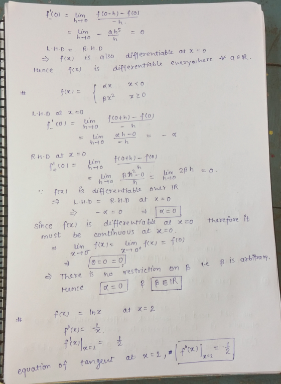 f(0) = heima f(0-1) = f (0) hto -h.. Elin – ans hao h 0 LH:D = > f(x) ice fea) R.H.D . is also differentiable at x = 0 enery