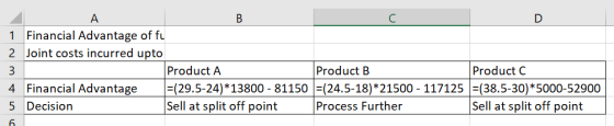 B 1 Financial Advantage of fu 2 Joint costs incurred upto Product A Product B Product C 4 Financial Advantage =(29.5-24)*1380