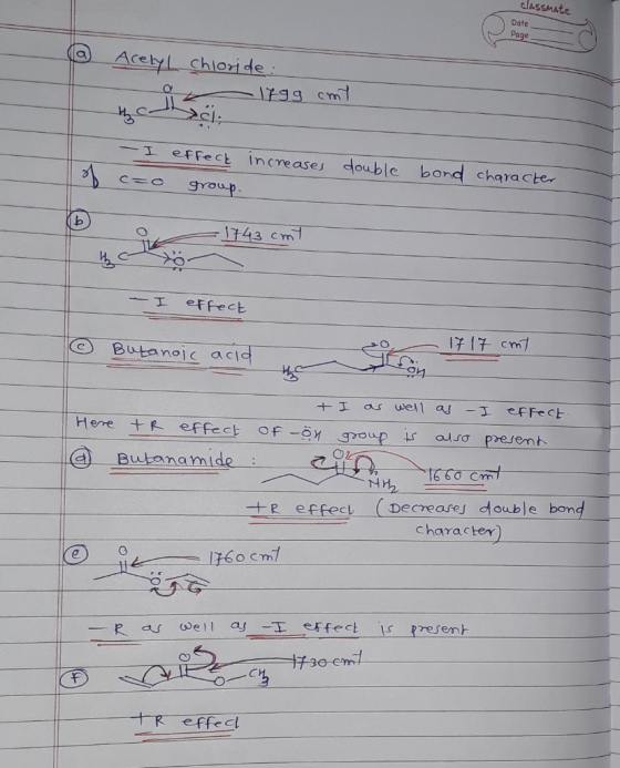 CLASSMATE Date Page (a Acetyl chloride: ar ligg cmt I effect group increases double bond character =O = 1743cmy I effect 17 1