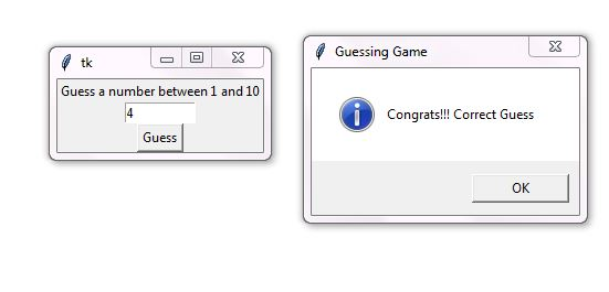 Guessing Game EX tk Guess a number between 1 and 10 0 Congrats!!! Correct Guess Guess OK