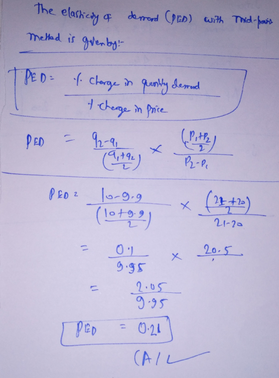 derrood (PID) with The elasticity of melted is given by Thid-pairs PED 4. Chorge in quality derred - t Cherge in price •9, +9
