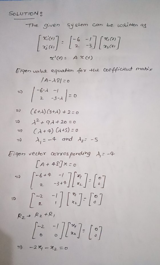 SOLUTIONS The given system can be written as Z!) -6 - 1 2 2C+) X2 Cf) 23 () -3 X(+) = AX(+) Eigen value equation for the coe
