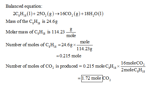 Balanced equation: 2C,H,(1)+ 250, (8) +1600, (g)+18H,0(1) Mass of the C,H, is 24.6g Molar mass of CH, is 114.238 mole mole Nu