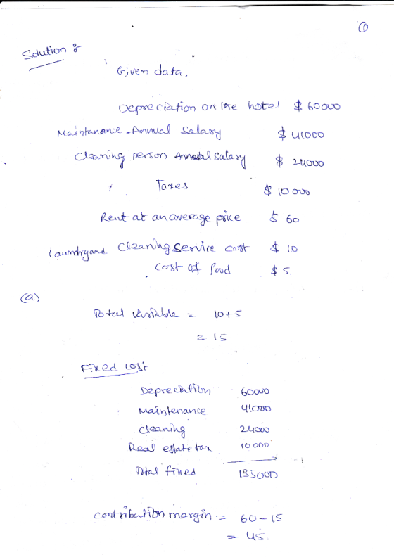 Solution & Given data, Depreciation on the hotel 60 Ovo Maintanance Annual salary $46000 cleaning person Annabel salary $ 200