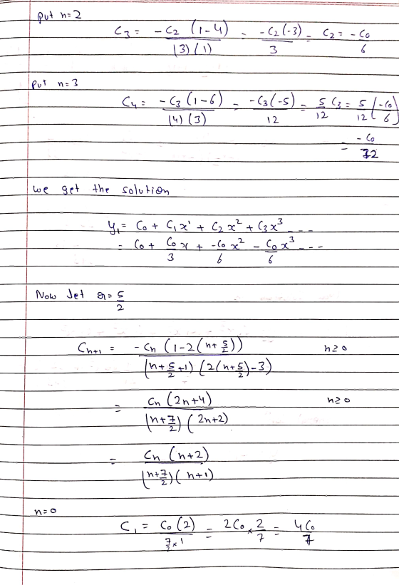 put n: 2 (3= -C2 (-3) (2=-co 13) (1). 3 6 Put n=3 -631-5)$13=57-6 Cu = -3 (1-6) 14) (3) 12 1216 co 32 we get the solution Y =