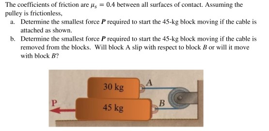 The coefficients of friction are Hs 0.4 between all surfaces of contact. Assuming the pulley is frimionlthesmallest force P required to start Determine the smallest force P required to start the 45-kg block moving if the cable is attached as shown. Determine the smallest force P required to start the 45-kg block moving if the cable is removed from the blocks. Will block A slip with respect to block B or wi it move with block B? a. b. 30 kg 45 kg