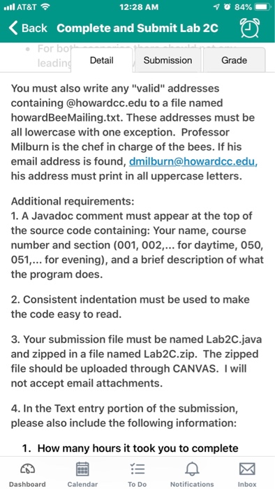 ll AT&T 12:28 AM Back Complete and Submit Lab 2C For bo leadin Detail Submission Grade You must also write any valid addres