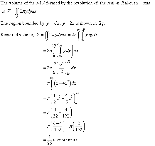 The volume of the solid formed by the revolution of the region Rabout x-axis, is V = [[ 27ydydx The region bounded by y= Vz,
