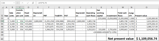 fix С34 -475*0.75 A В C D Е G Н К L М Contrib Net DepreciatiOperating working cash flows capital Total cash PVIF@ Fixed Depre