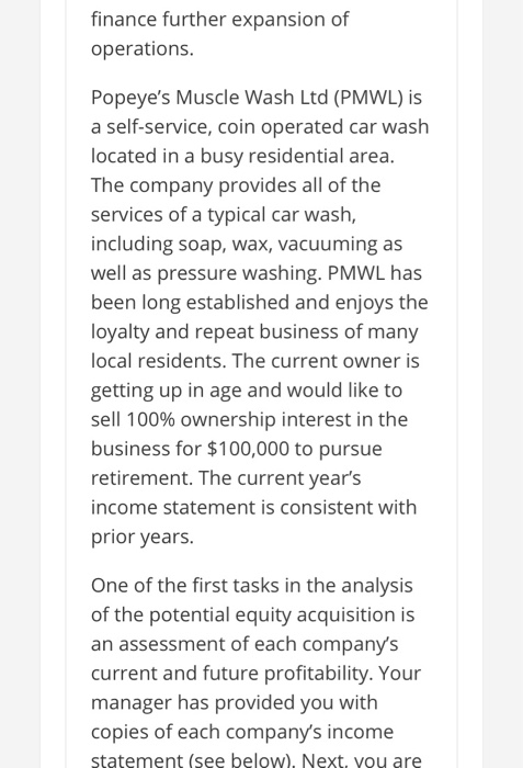 finance further expansion of operations. Popeyes Muscle Wash Ltd (PMWL) is a self-service, coin operated car wash located in