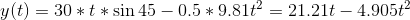 y(t) = 30*t*\sin45-0.5*9.81t^2= 21.21t - 4.905t^2
