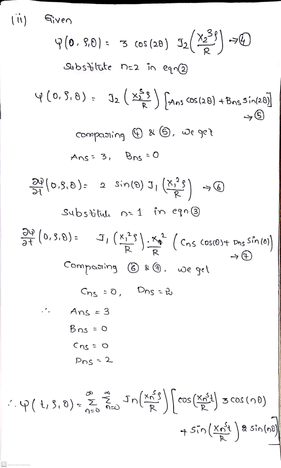 lii) Given 9(0.8,0) = 3 cos (20) Iz(39 -> Substilate nc2 in eqn2 4 (0,8,0) = I2 ( x ) (Ans Cos(28) + Bas sincz) 5 comparing ©