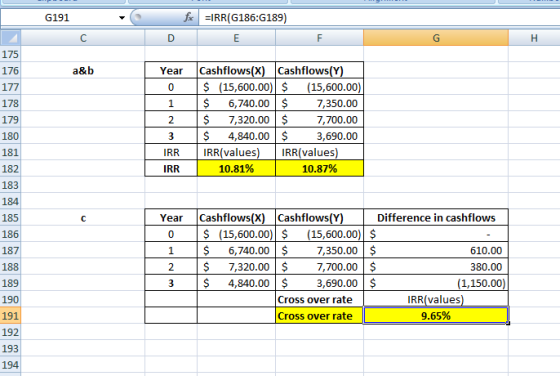 G191 EIRR(G186:G189) F a&b 177 Year 0 1 2 3 IRR IRR Cashflows(x) Cashflows(Y) $ (15,600.00) $ (15,600.00) $ 6,740.00 $ 7,350.