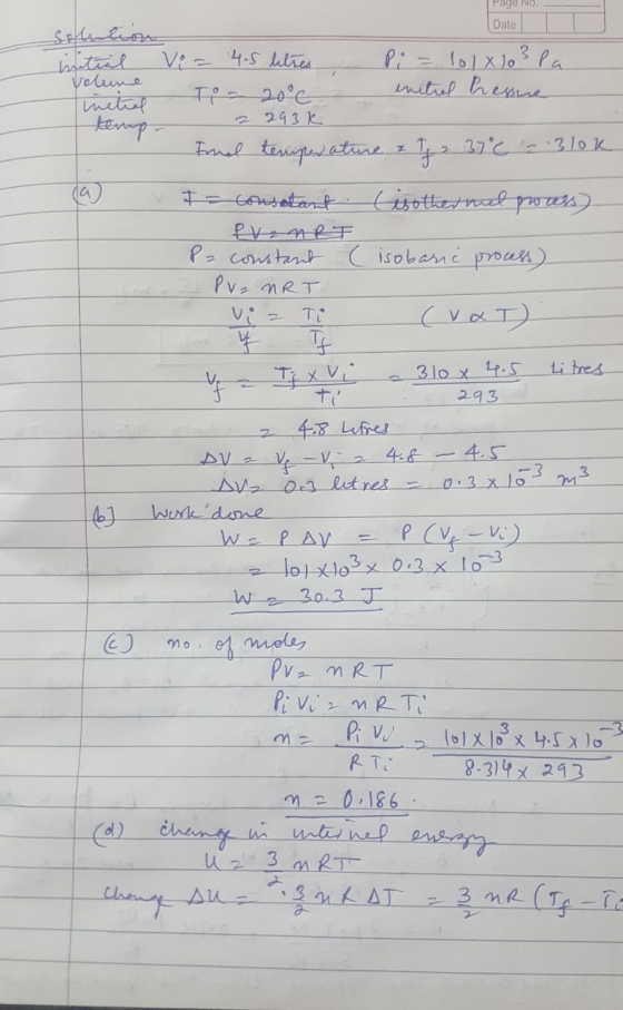 Page No Date Pi tolxl03 la nitul henae itral Velune TP 20e 2 293 k 2 37c2.310 k Fnl taqatne z isvtherneel ps P constant isoba
