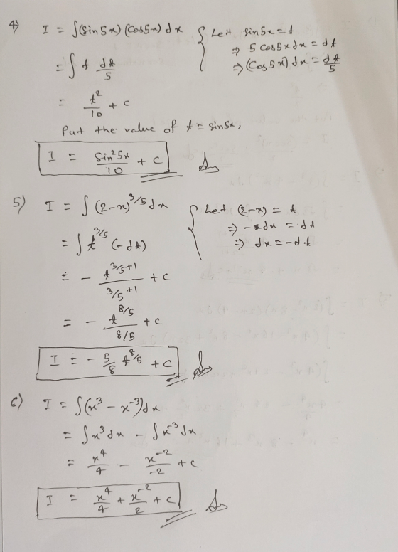 4 I = (sin 5%) (Cos5r) d Sheit sinke at 5 cosbadnadt - Cassa) du = at & c Put the value of to sinkt, a t 11 = $int Sx+c do 5)