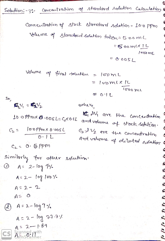 NEW Solution: -3- Concentration of standard solution Calculation Concentration of stock standard solution - 100 ppm Volume of