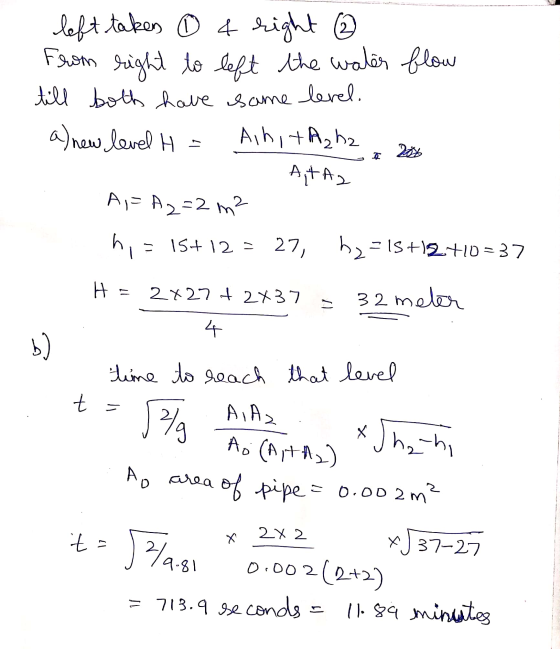 left takes © & right ② From right to left the water flow till both have same level. a) new level H = Alhi+A₂hz A tA2 A = A2=2