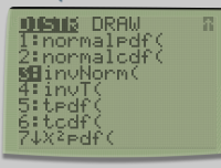 DISTR DRAW i normalpdf 2: normalcdf 5A invNorni 4 invTS 5: tpdf 6: tcdfc 7.1X2 pdf