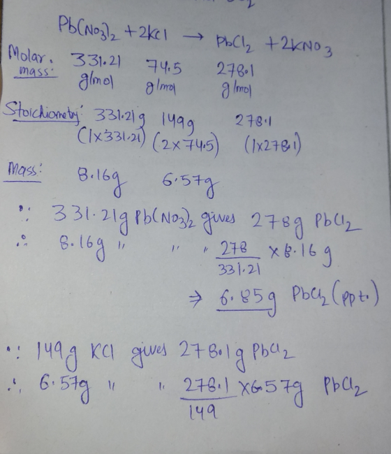 PbCNo +2k PLC12 +2N03 (Molar. 331.2) F4.5 278.1 mass alme Stoichioneby 3312 1ua9 278.1 CIK3312) (2x45) (h210) Mass 8-161 6-5t