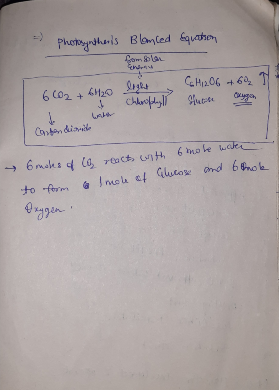 Photosynthesis Blomced Equation from Solar Enersy 6H12O6 et 622 9 Slucose augen light Chloophyll 6CO2 + 6H20 I n ter Carbon d