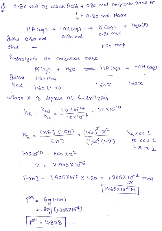 Q. 0.80 mal Of weak Acid + 0.80 mal conjucate Base A- +0.80 mal Noon HAcaq) + OH Caq) —— Acaq) + H2068) dritial Oigo mal 0.8o
