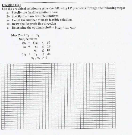 Question (4): Use the graphical solution to solve the following LP problems through the following steps: a- Specify the feasible solution space b- Specify the basic feasible solutions Count the number of basic feasible solutions d- Draw the Isoprofit line direction e- Determine the optimal solution (Zmax Xop, X20p) Max Z=2x1 + x2 Subjected to: 5 x2 60 2x1 XI X2 10 3x1 x2 44 Xi, X2 > 0