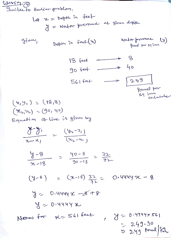 40w 1- Similar to Earlier problems - Lef x = Depth in y = water feet presume at ginen depth. gium, (y) Depth in feet (2) Wate