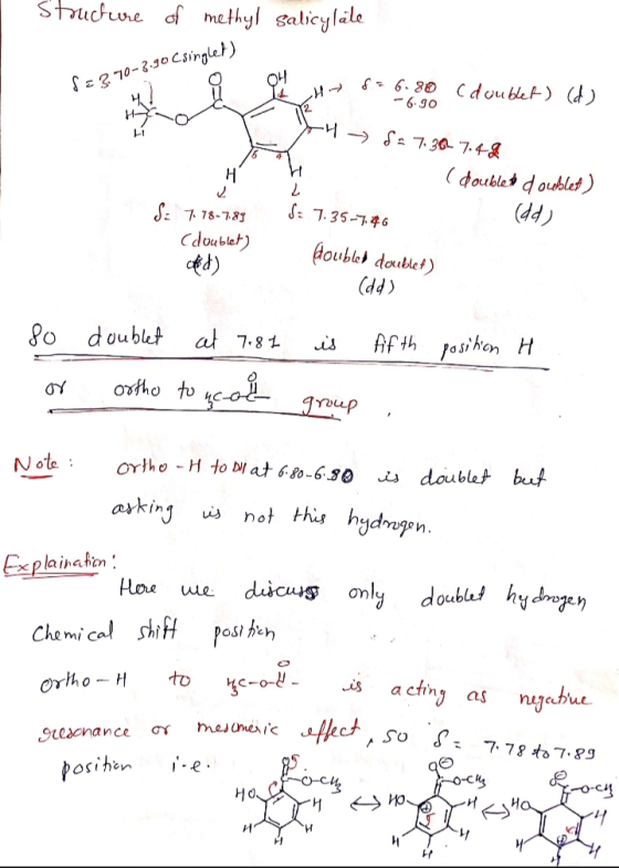 structure of methyl salicylale $23.70-3.90 Csingler) OH f = 6.80 (doublet) (d) -6.90 -48=7.30 7.48 HI Н 2 ( doubles doublet)