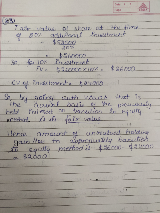 Date 11 Page RANKA Fair value of share at the time a 20% additional investment - $52000 I So, E for 10% FVe $260000 investme