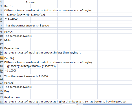 Answer 2 Part 1) 3 Differnce in cost = relevant cost of pruchase - relevant cost of buying = (18000* (10+7+7)) - (18000*25) 5