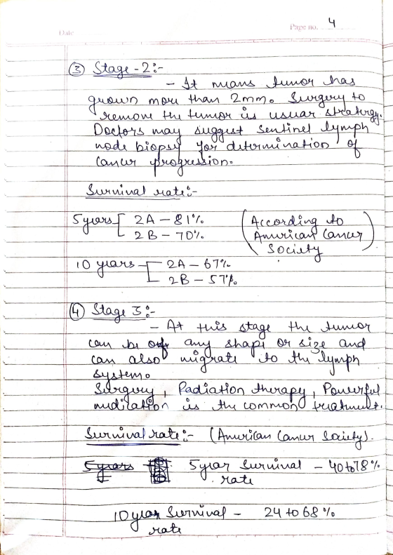 Page no, Dide (③ Stage 28 = It means tunor chas grown mou than 2mm. Surgery to remove the tumor is usuar strategy Doctors may