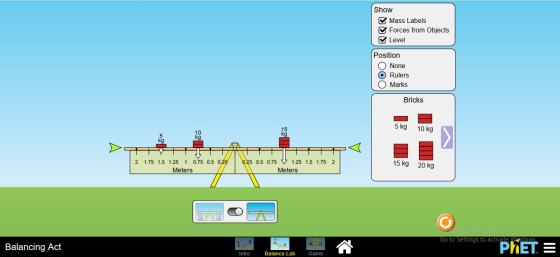 Show Mass Labels Forces from Objects Level Position None Rulers O Marks Bricks 5 kg 15 10 kg 10 ka 2 1.75 1.5 1.25 1 0.75 0.5