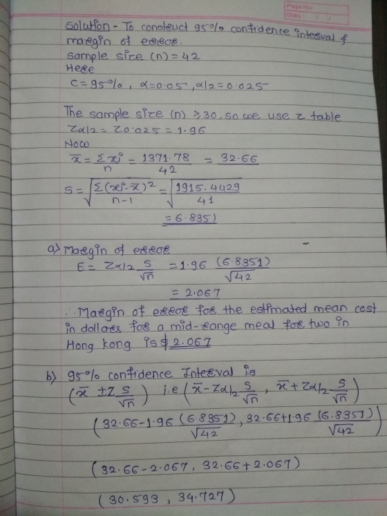 Pazo NO Date: Solution - To consleuct 95°C, contidence Sotees margin of eelne Sample size (0)2 42 Here c=95%, x=0.05,2/2=0.02