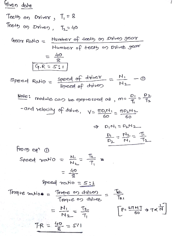 Giren dola Teeth on Driver, T,=8 Teeth on driven, T2 = 40 Gear Ratio = Humber of teeth on Drives gear Number of teeth on Driv