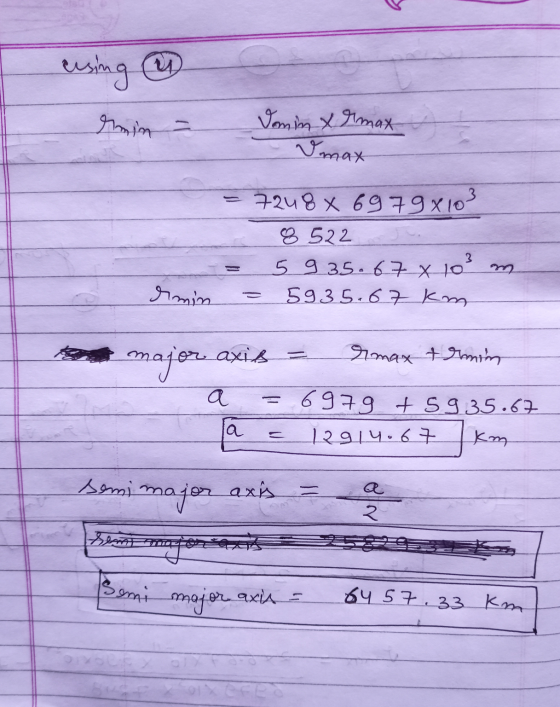 eersing min = Vomin x rmax Vmax = 7248 X 69 79 x103 8 522 5935.67 x 103 m 5935.67 km rmin or axib = rmax trimin major a 6979
