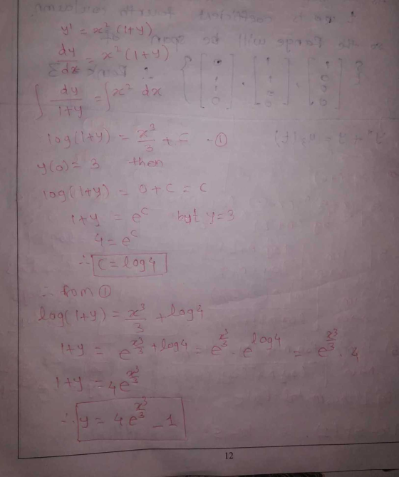 y = x City) dy 2² (1+y) Edasan 2c² da 19 log(ity) y (6)=3 log (lty) 0 + c =C byt y = 3 -- C = logg from o log(ity) = x lagi