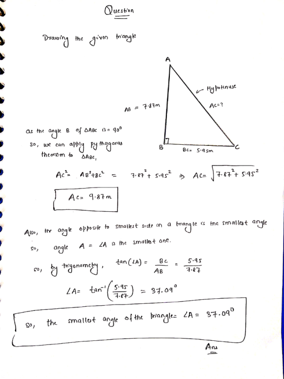 uest»n Ờ the given mange poHnuse AB 7.87m Ac ? as the angle B。fdMBc 1s 900 S°, we can appljPj fhr theorem to bAsc, Ac- 9.87m