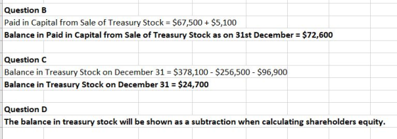 Question B Paid in Capital from Sale of Treasury Stock = $67,500 + $5,100 Balance in Paid in Capital from Sale of Treasury St