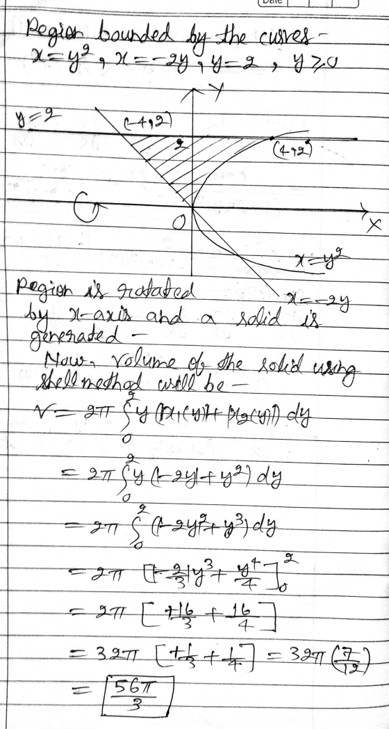 Region bounded by the curres- x = y ² , N=-gy 4-g y zo (492) (472) 6 x وحلا Pegion is rotated by x-axis and a solid is genera