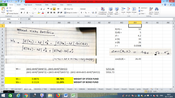 VC AMORT SINKING JORDAN -Microsoft Excel (Product Activation Failed) OPTIMAL RISK File Home Insert Page Layout Formulas Data