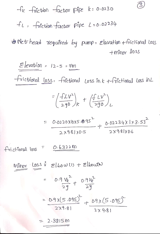 3 fk friction ( 290 ) factor pipe K = 0.0230 fl, friction factor pipe L=0.02234 by Net head required by pump = elavation +fri