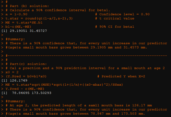 > # Part (b) solution: > # Calculate a 90% confidence interval >a=1-0.90 > t . Star = round (at ( 1-a/2, n-2 ) , 3) for beta1