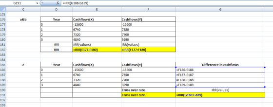 G191 for IRR(G186:G189) D a&b Year 175 176 177 178 179 180 181 182 183 Cashflows(X) - 15600 6740 7320 4840 IRR(values) =IRR(E